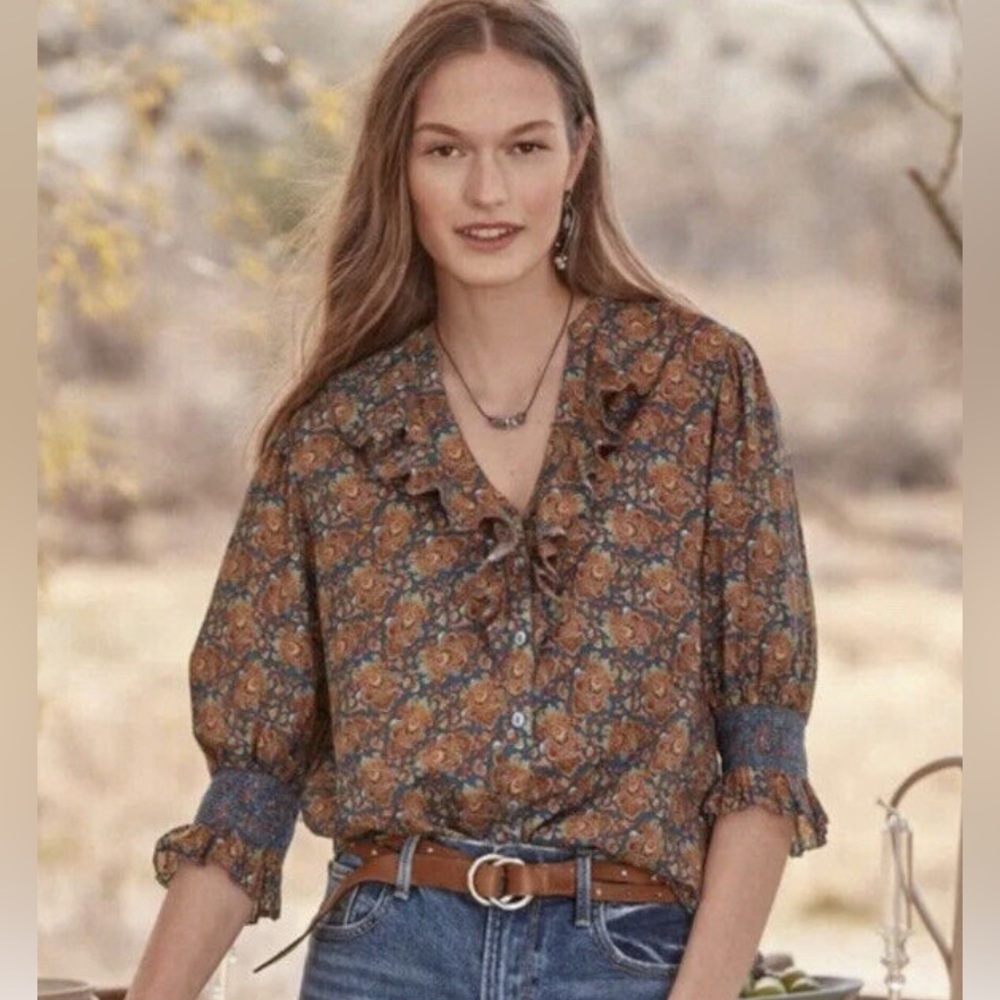 Sundance Jeanie Ruffle Floral Top 100% Cotton Size S Puff Boho great condition